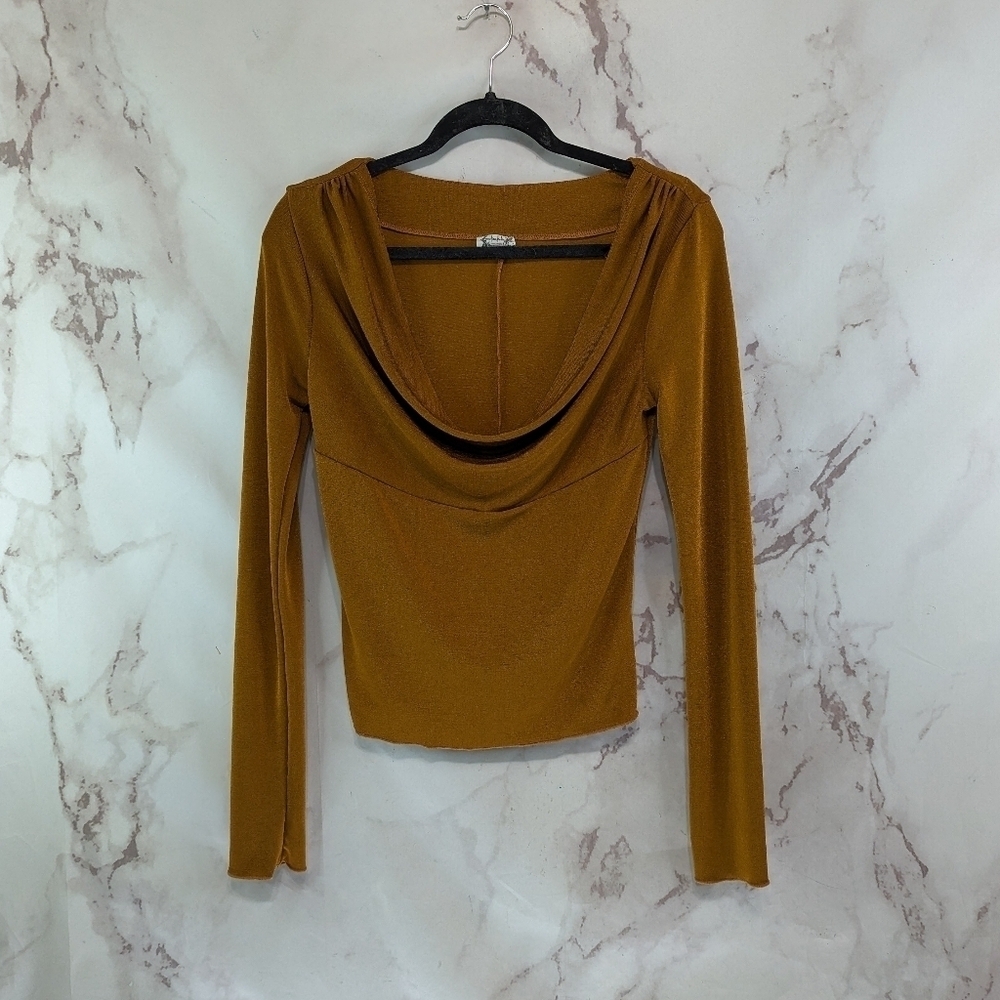 Free People Top Womens Medium Brown Copper Orange Carrie Cowl Neck Long Sleeve